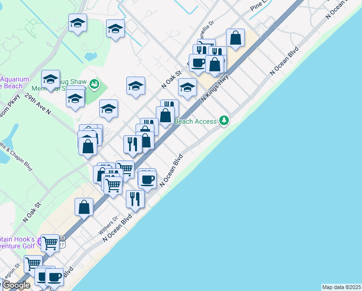 map of restaurants, bars, coffee shops, grocery stores, and more near 403 34th Avenue North in Myrtle Beach
