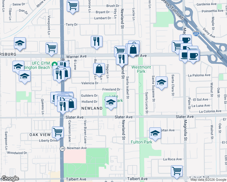 map of restaurants, bars, coffee shops, grocery stores, and more near 8362 Friesland Drive in Huntington Beach