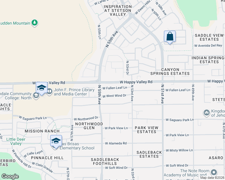 map of restaurants, bars, coffee shops, grocery stores, and more near 5432 West West Wind Drive in Glendale