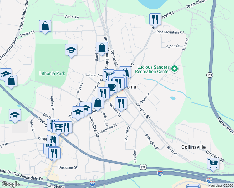 map of restaurants, bars, coffee shops, grocery stores, and more near 2536 Wiggins Street in Lithonia