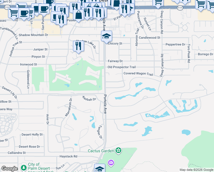 map of restaurants, bars, coffee shops, grocery stores, and more near 74040 Mockingbird Trail in Indian Wells