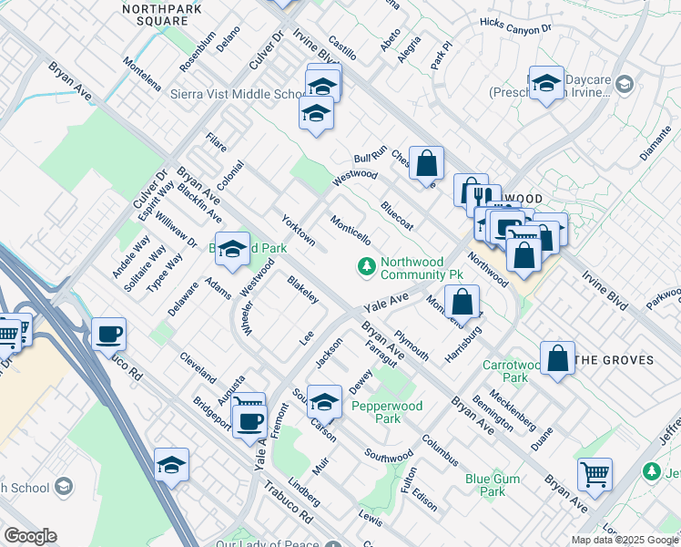 map of restaurants, bars, coffee shops, grocery stores, and more near 4531 Bryan Avenue in Irvine
