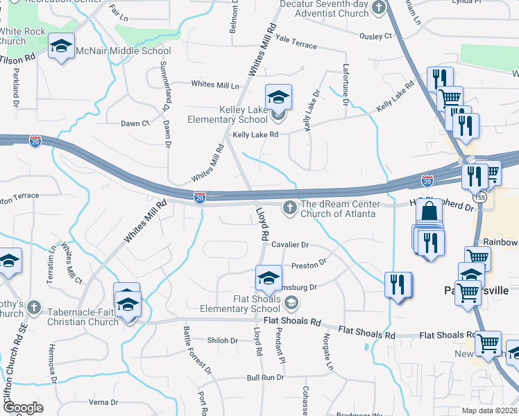 map of restaurants, bars, coffee shops, grocery stores, and more near 2608 Lloyd Road in Decatur