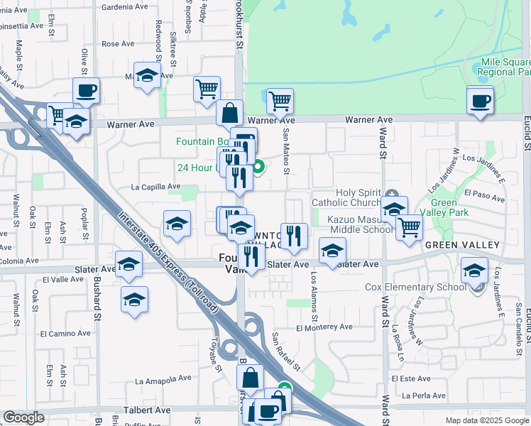 map of restaurants, bars, coffee shops, grocery stores, and more near 17330 Brookhurst Street in Fountain Valley