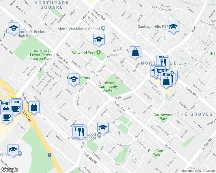 map of restaurants, bars, coffee shops, grocery stores, and more near 4531 Bryan Avenue in Irvine