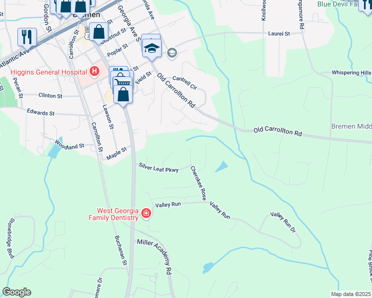 map of restaurants, bars, coffee shops, grocery stores, and more near 735 Cherokee Rose in Bremen