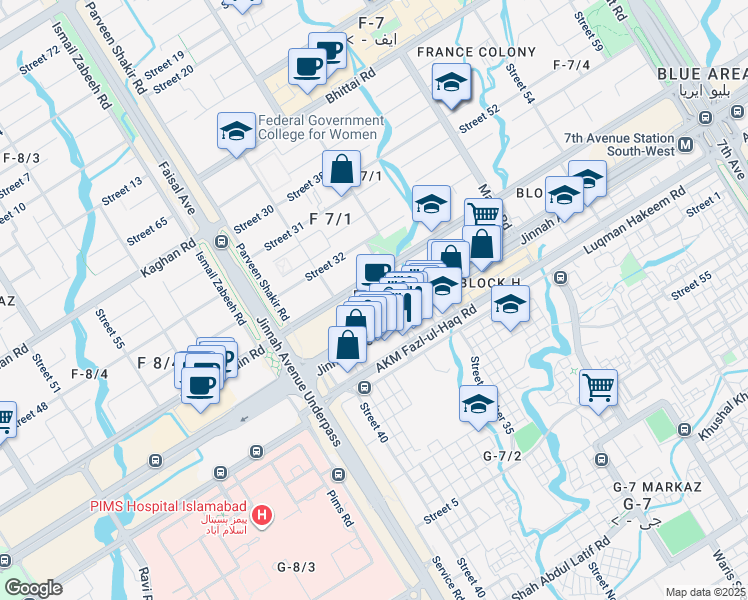 map of restaurants, bars, coffee shops, grocery stores, and more near 55c Service Road West in Islamabad