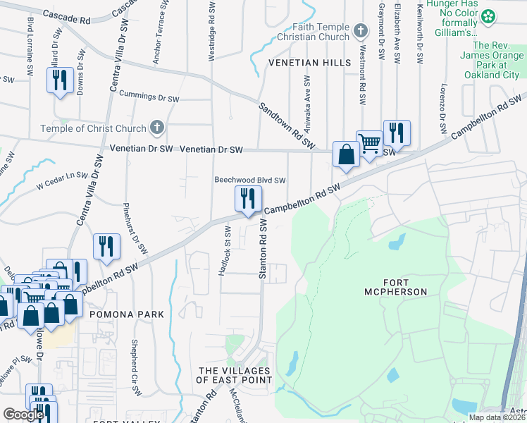 map of restaurants, bars, coffee shops, grocery stores, and more near Campbellton Rd SW & Stanton Rd SW in Atlanta