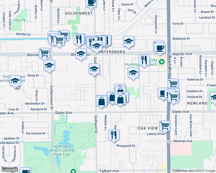map of restaurants, bars, coffee shops, grocery stores, and more near 17311 Nichols Ln in Huntington Beach