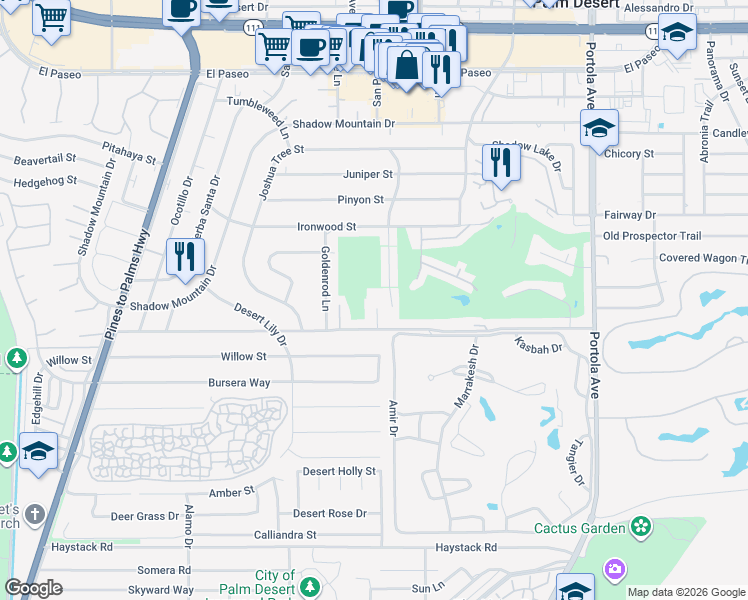 map of restaurants, bars, coffee shops, grocery stores, and more near 46451 Ryway Place in Palm Desert