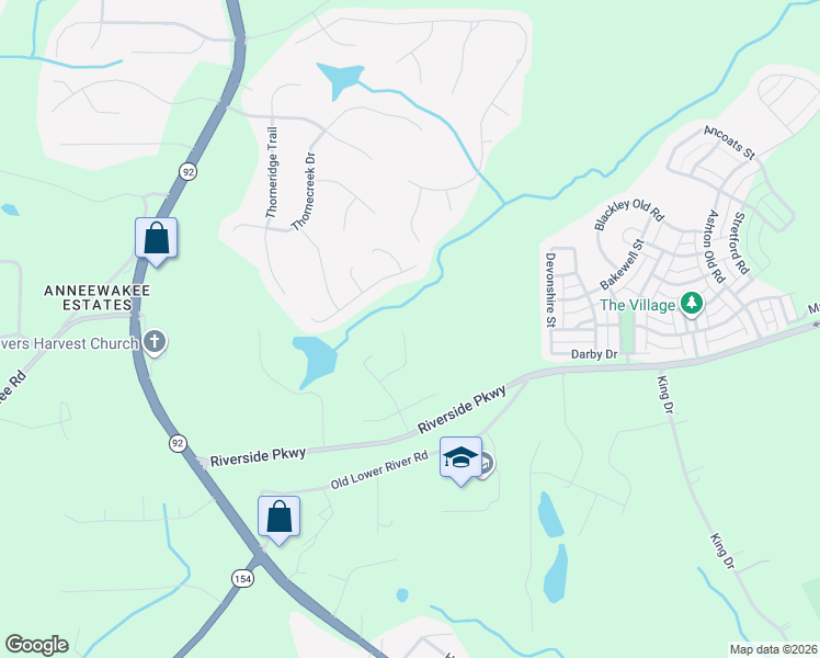 map of restaurants, bars, coffee shops, grocery stores, and more near 2323 Bluff Creek Overlook in Douglasville