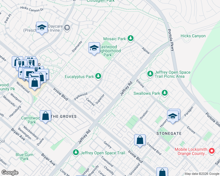 map of restaurants, bars, coffee shops, grocery stores, and more near 87 Darby in Irvine