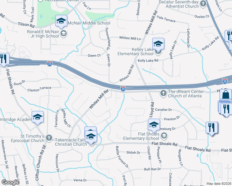 map of restaurants, bars, coffee shops, grocery stores, and more near 2432 Whites Mill Road in Decatur