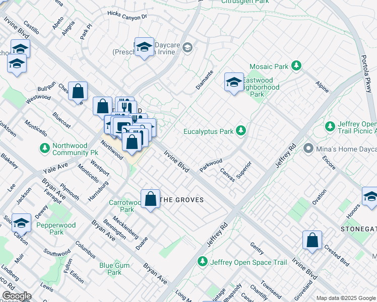 map of restaurants, bars, coffee shops, grocery stores, and more near 125 Gulfstream in Irvine