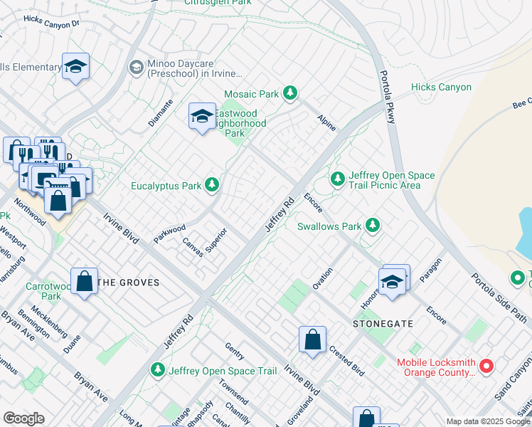 map of restaurants, bars, coffee shops, grocery stores, and more near 51 Decker in Irvine
