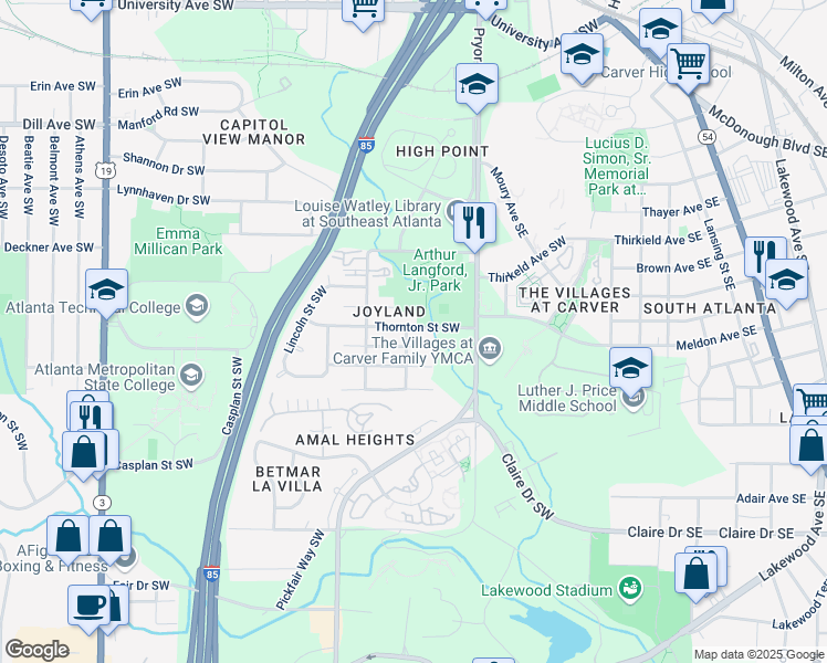 map of restaurants, bars, coffee shops, grocery stores, and more near 214 Thornton Street Southwest in Atlanta