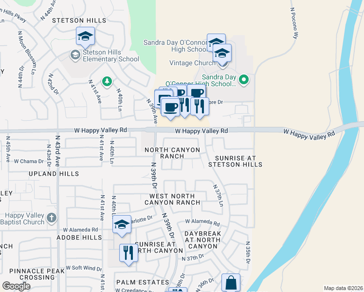 map of restaurants, bars, coffee shops, grocery stores, and more near 3824 West Chama Drive in Glendale