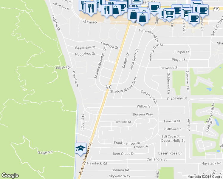 map of restaurants, bars, coffee shops, grocery stores, and more near 46400 Frontage Road in Palm Desert