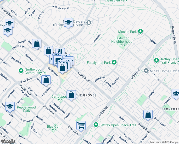 map of restaurants, bars, coffee shops, grocery stores, and more near 125 Gulfstream in Irvine