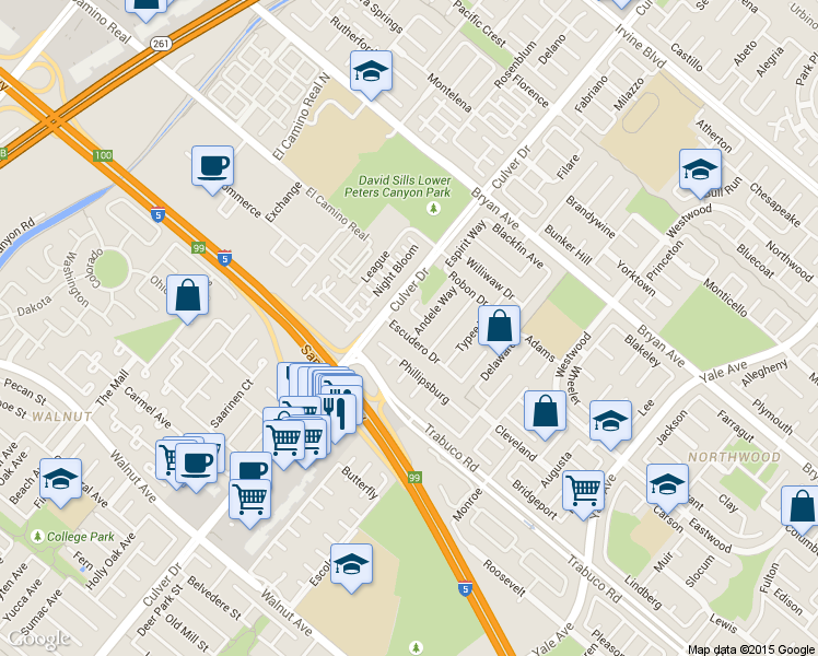 map of restaurants, bars, coffee shops, grocery stores, and more near 44 Phillipsburg in Irvine