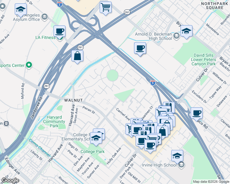 map of restaurants, bars, coffee shops, grocery stores, and more near 3606 South Mall Street in Irvine