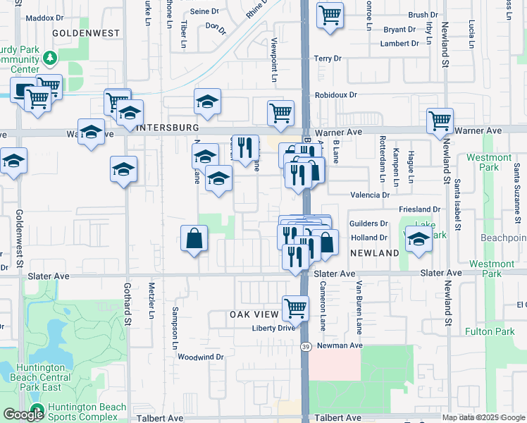 map of restaurants, bars, coffee shops, grocery stores, and more near 17301 Keelson Lane in Huntington Beach