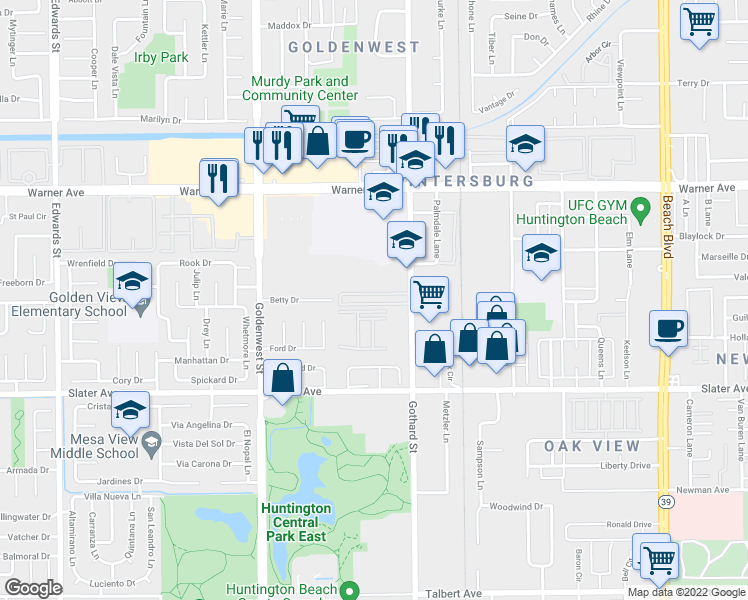map of restaurants, bars, coffee shops, grocery stores, and more near 7172 Betty Drive in Huntington Beach