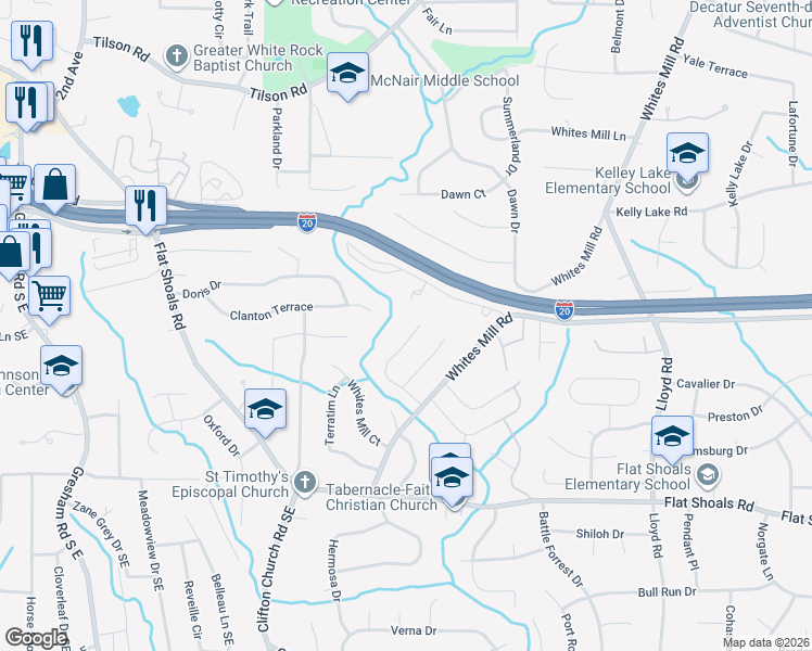 map of restaurants, bars, coffee shops, grocery stores, and more near 2611 Brandenberry Drive in Decatur