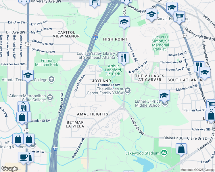 map of restaurants, bars, coffee shops, grocery stores, and more near 214 Thornton Street Southwest in Atlanta