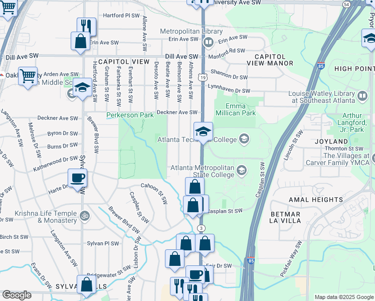 map of restaurants, bars, coffee shops, grocery stores, and more near 1591 Athens Avenue Southwest in Atlanta