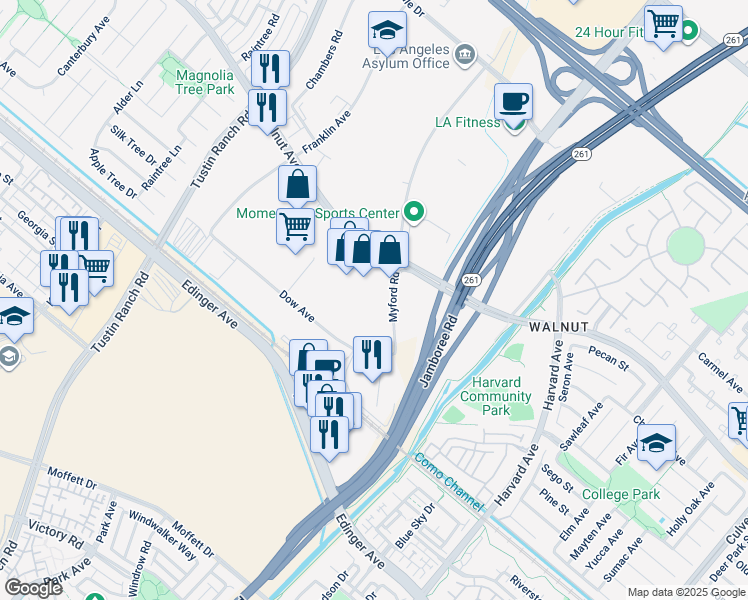 map of restaurants, bars, coffee shops, grocery stores, and more near 14791 Myford Road in Tustin