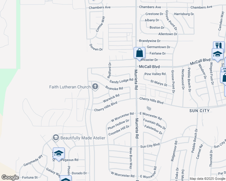 map of restaurants, bars, coffee shops, grocery stores, and more near 25801 Roanoke Road in Menifee