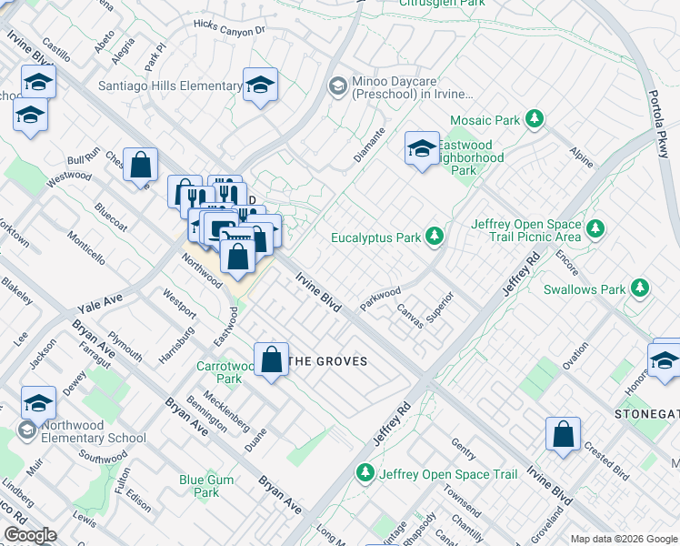 map of restaurants, bars, coffee shops, grocery stores, and more near 138 Rotunda in Irvine