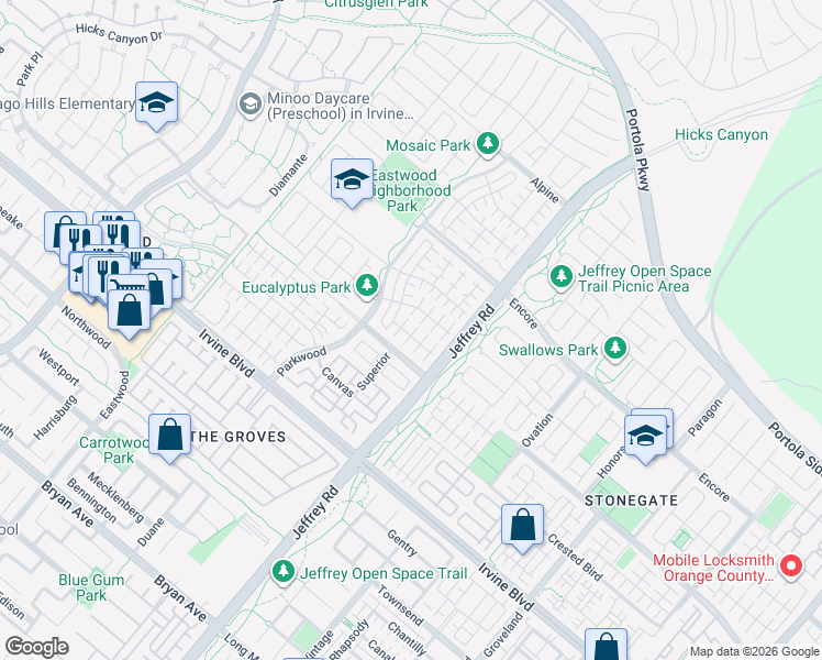 map of restaurants, bars, coffee shops, grocery stores, and more near 87 Darby in Irvine