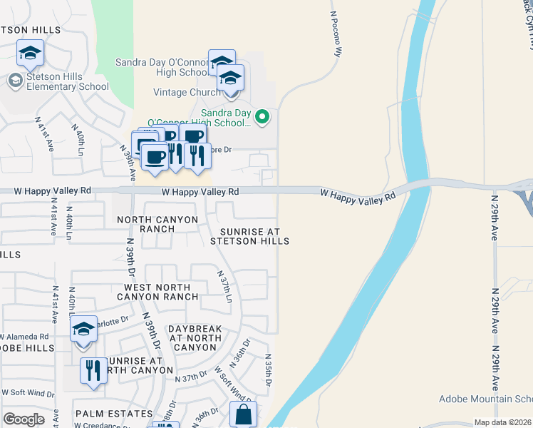 map of restaurants, bars, coffee shops, grocery stores, and more near 24657 North 35th Drive in Glendale