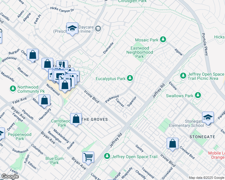 map of restaurants, bars, coffee shops, grocery stores, and more near 134 Canvas in Irvine