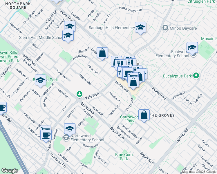 map of restaurants, bars, coffee shops, grocery stores, and more near 2 Westport in Irvine