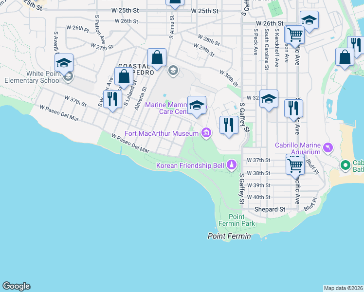 map of restaurants, bars, coffee shops, grocery stores, and more near 884-890 West Paseo Del Mar in Los Angeles