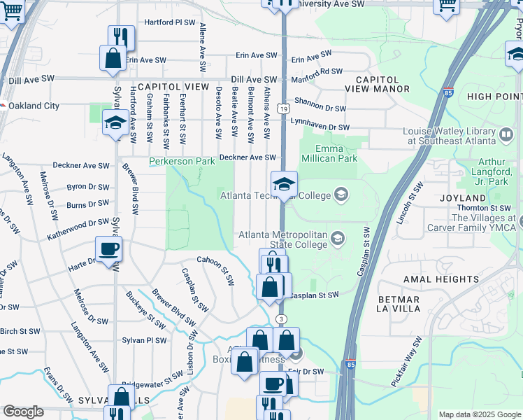 map of restaurants, bars, coffee shops, grocery stores, and more near 1591 Athens Avenue Southwest in Atlanta