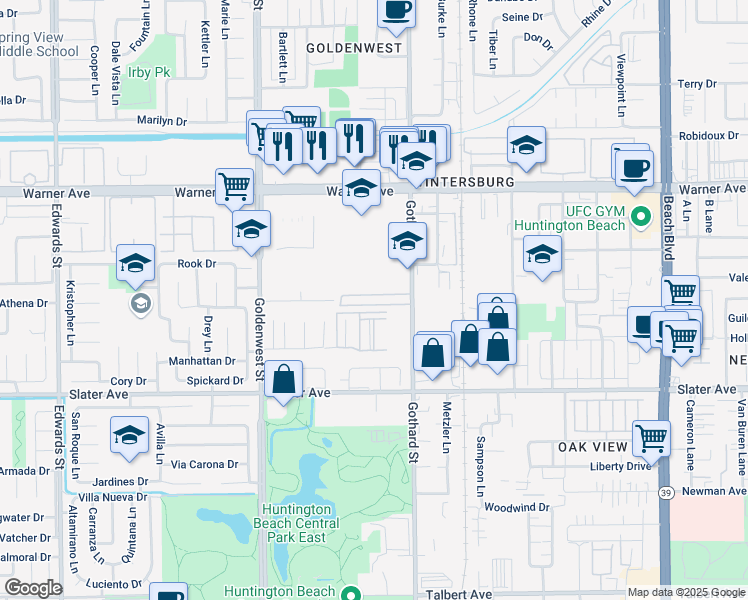 map of restaurants, bars, coffee shops, grocery stores, and more near 17261 Gothard Street in Huntington Beach