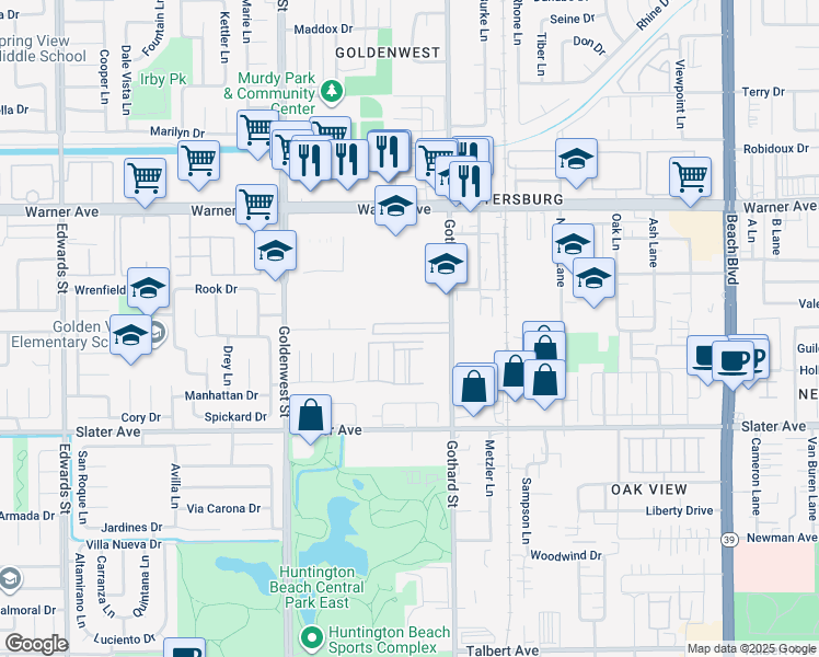 map of restaurants, bars, coffee shops, grocery stores, and more near 7172 Betty Drive in Huntington Beach