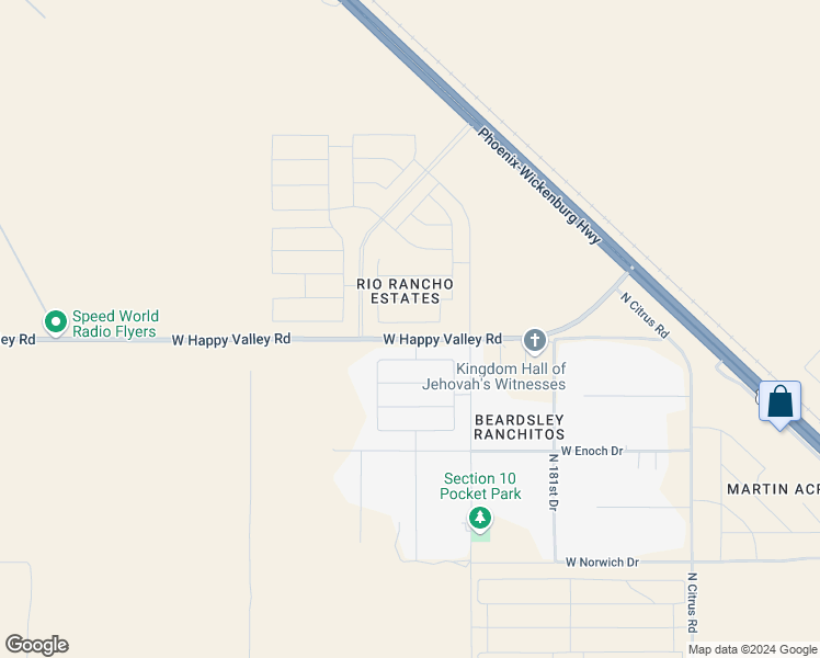 map of restaurants, bars, coffee shops, grocery stores, and more near 18419 West Buckskin Trail in Wittmann
