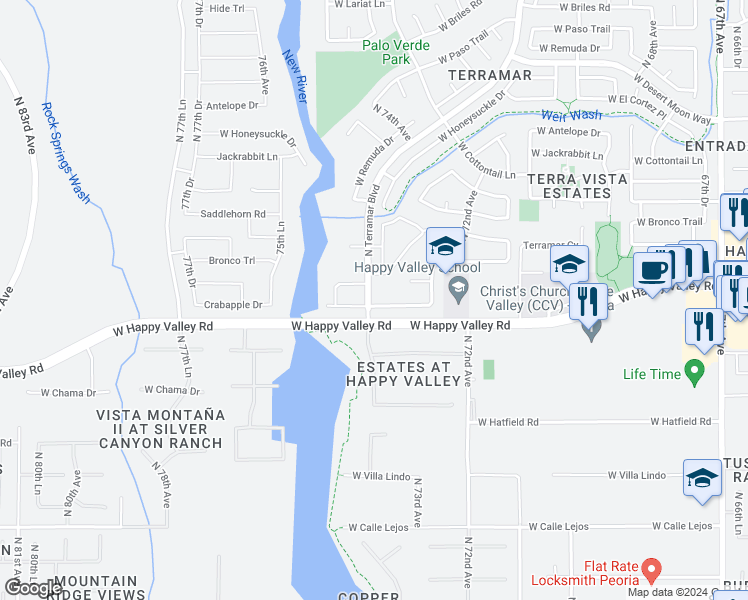 map of restaurants, bars, coffee shops, grocery stores, and more near 7352 West Crabapple Drive in Peoria