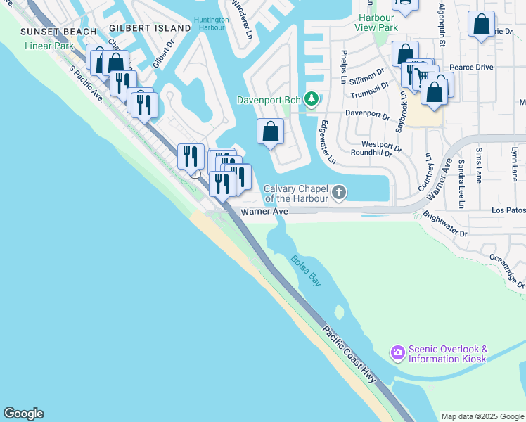 map of restaurants, bars, coffee shops, grocery stores, and more near 3976 Warner Avenue in Huntington Beach