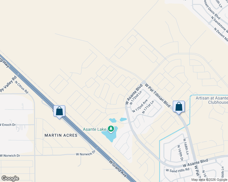 map of restaurants, bars, coffee shops, grocery stores, and more near West Asante Boulevard in Surprise