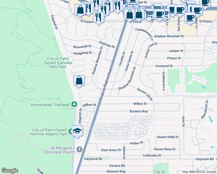 map of restaurants, bars, coffee shops, grocery stores, and more near 46342 Highway 74 in Palm Desert