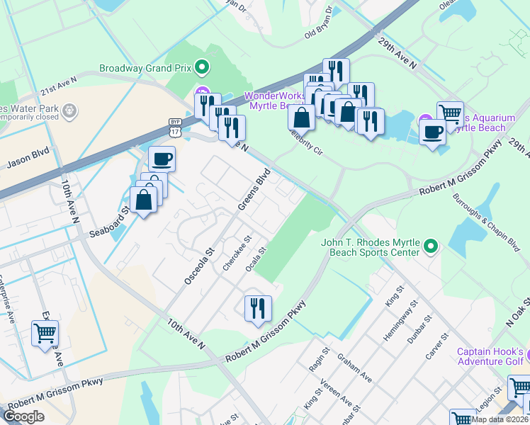 map of restaurants, bars, coffee shops, grocery stores, and more near 25-B North Willow Drive in Myrtle Beach
