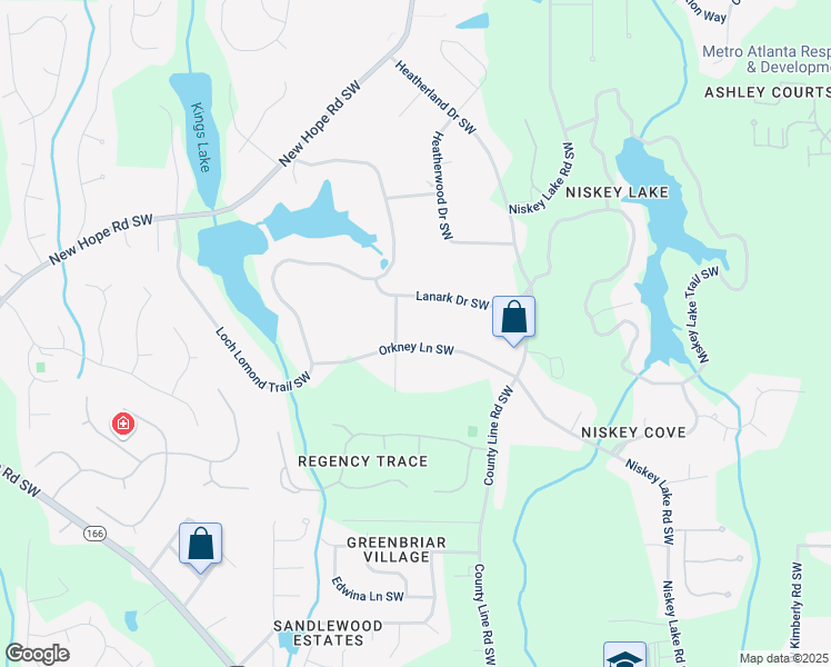 map of restaurants, bars, coffee shops, grocery stores, and more near 4625 Orkney Lane Southwest in Atlanta