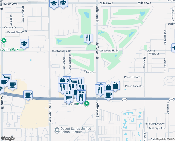 map of restaurants, bars, coffee shops, grocery stores, and more near 79920 Fiesta Drive in La Quinta