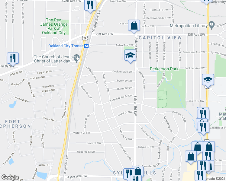 map of restaurants, bars, coffee shops, grocery stores, and more near 1012 Burns Drive Southwest in Atlanta